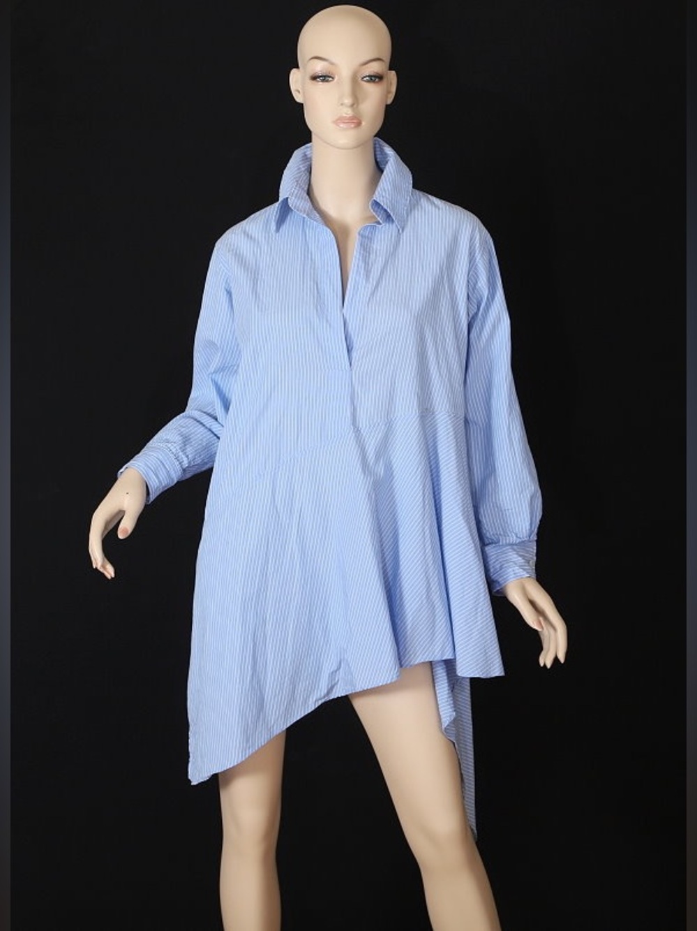 Zara Light Blue & White Striped Cotton Asymmetric Tunic Shirt Large
